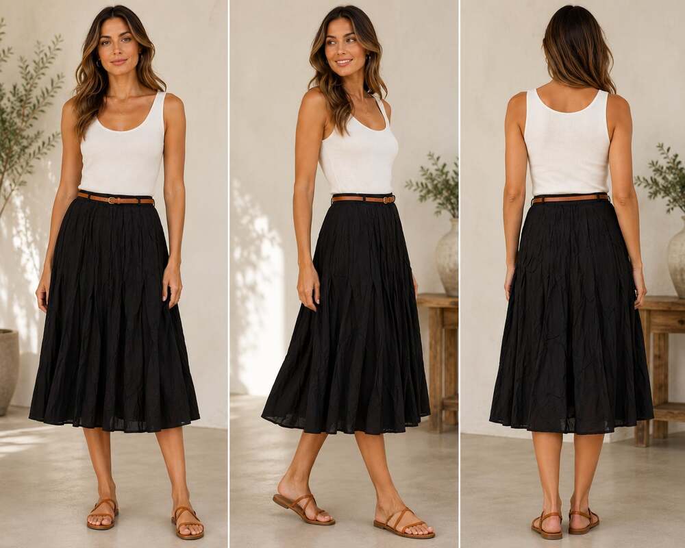 Tulip.B Boho Chic Black Flowy Pleated Cottage Core Midi Skirt with Belt Sz L